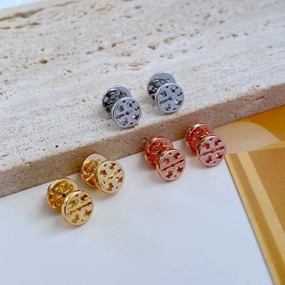 Tory Burch Hollow Round Letter Metal Stud Earrings